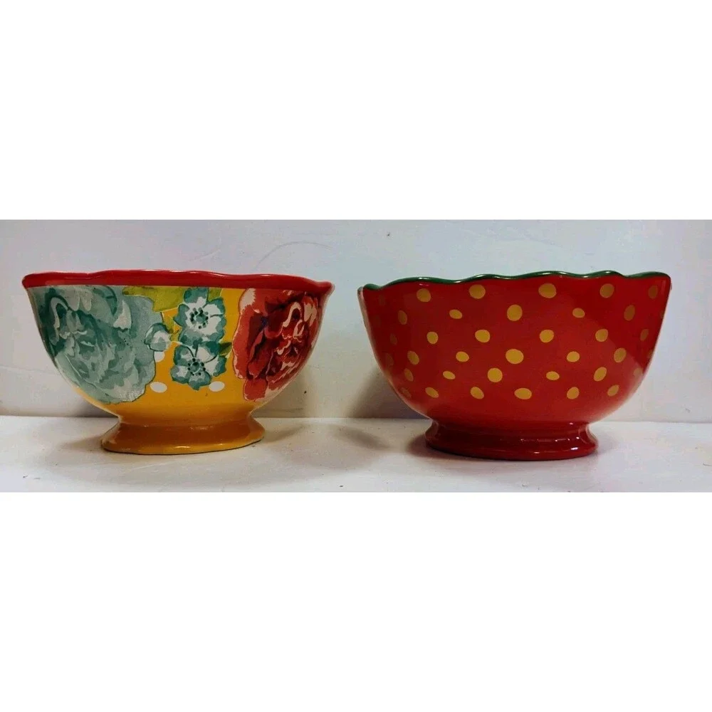 Pioneer Woman Blossom Jubilee Footed Soup Cereal Bowls Set of 2 Red Yellow AS IS